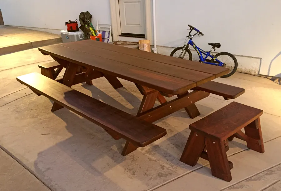 Heritage Large Wooden Picnic Table (Options: 8' L, 34 1/2" W, Side & End Benches, Attached Benches, Standard Tabletop, Rounded Corners, Standard Leg Flair, No Umbrella Hole, Coffee-Stain Premium Sealant).