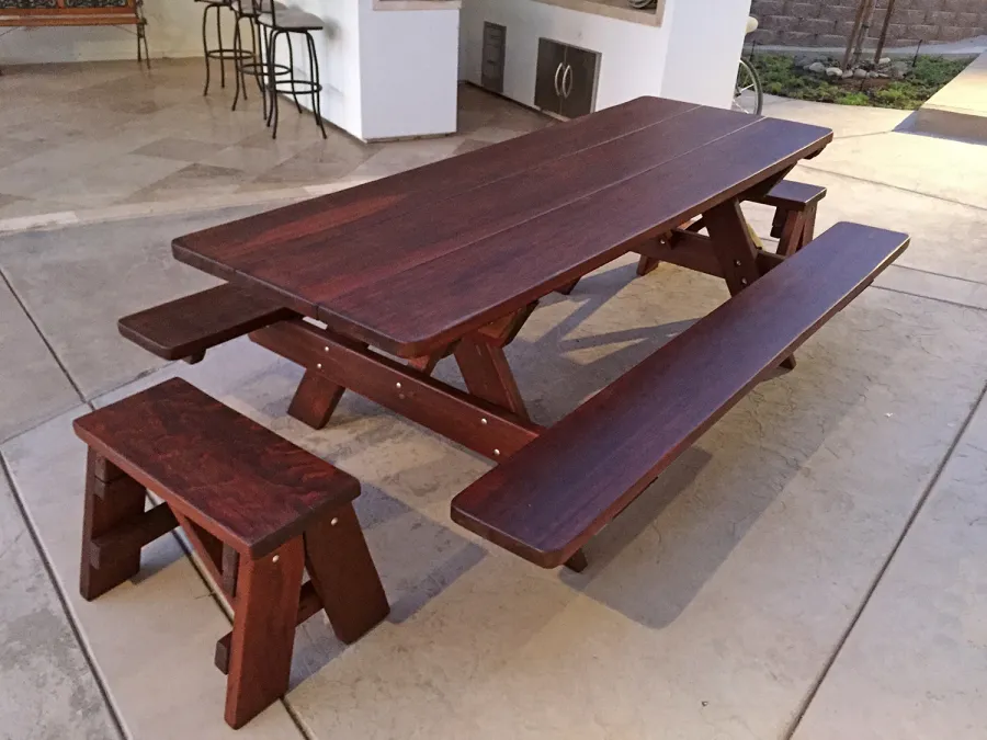 Heritage Large Wooden Picnic Table (Options: 8' L, 34 1/2" W, Side & End Benches, Attached Benches, Standard Tabletop, Rounded Corners, Standard Leg Flair, No Umbrella Hole, Coffee-Stain Premium Sealant).