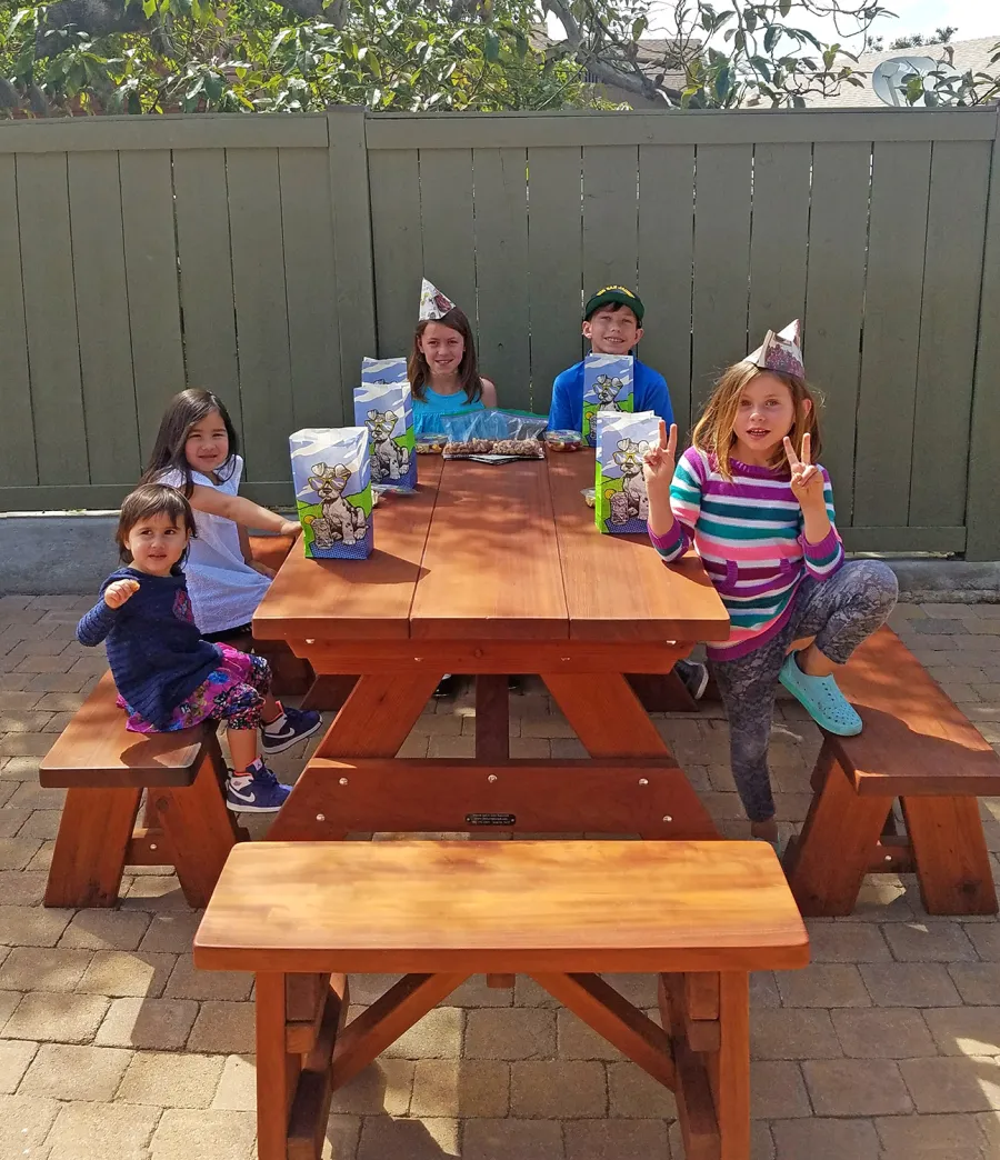 Heritage Large Wooden Picnic Table (Options: 5' L, 34 1/2" W, Side Benches, Unattached Benches, 1 Full Length Side Bench/Side, Forever Style Benches, Standard Tabletop, Slightly Rounded Corners, Standard Leg Flair, No Umbrella Hole, Transparent Premium Sealant). Photo Courtesy of karen phillips of San Diego, California.