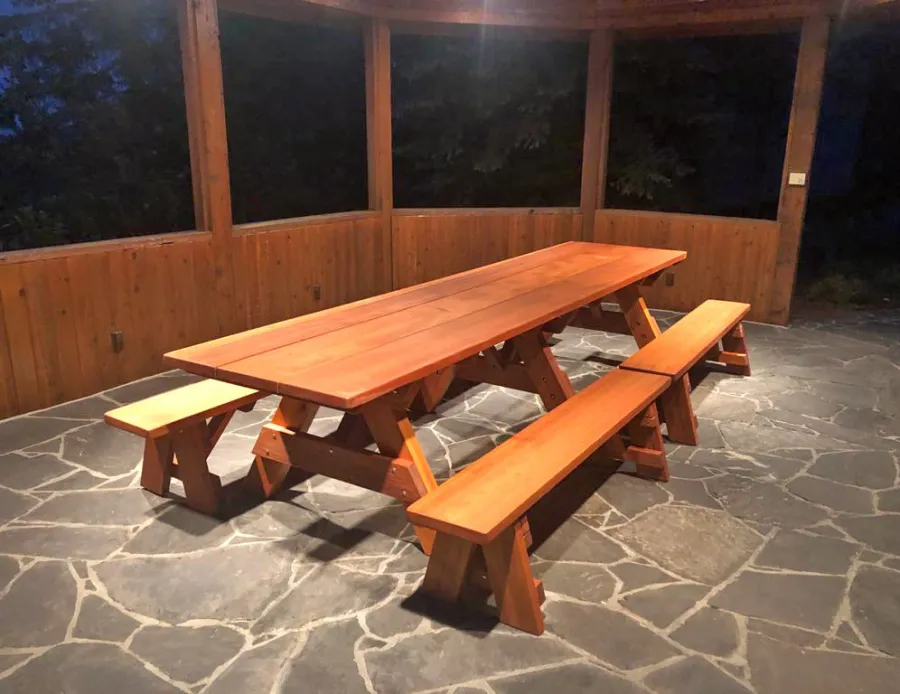 Heritage Large Wooden Picnic Table (Options: 12' L, 36" W, Side Benches, Unattached Benches, 2 Half Length Benches Per Side, Standard Tabletop, Slightly Rounded Corners, No Umbrella Hole, Transparent Premium Sealant). Photo Courtesy of M. Labac of Golden, Colorado.