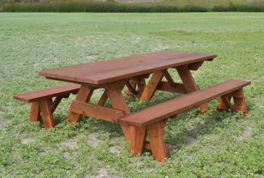 Heritage Large Wooden Picnic Table (Options: 8' L, 34 1/2" W, Side Benches, Unattached Benches, 1 Full Length Side Bench/Side, Forever Style Benches, Standard Tabletop, Slightly Rounded Corners, Standard Leg Flair, No Umbrella Hole, Transparent Premium Sealant).