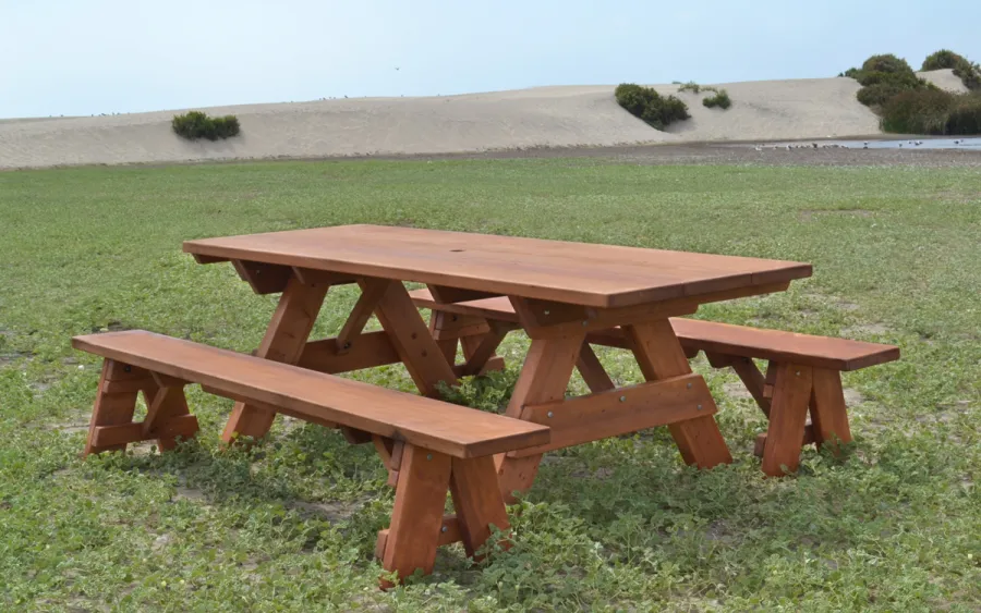 Heritage Large Wooden Picnic Table (Options: 8' L, 34 1/2" W, Side Benches, Unattached Benches, 1 Full Length Side Bench/Side, Forever Style Benches, Standard Tabletop, Slightly Rounded Corners, Standard Leg Flair, No Umbrella Hole, Transparent Premium Sealant).
