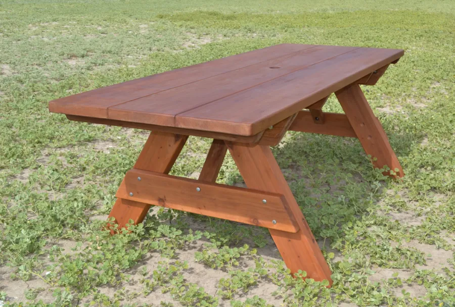 Heritage Large Wooden Picnic Table (Options: 8' L, 34 1/2" W, No Seating, Standard Tabletop, Slightly Rounded Corners, Standard Leg Flair, No Umbrella Hole, Transparent Premium Sealant).