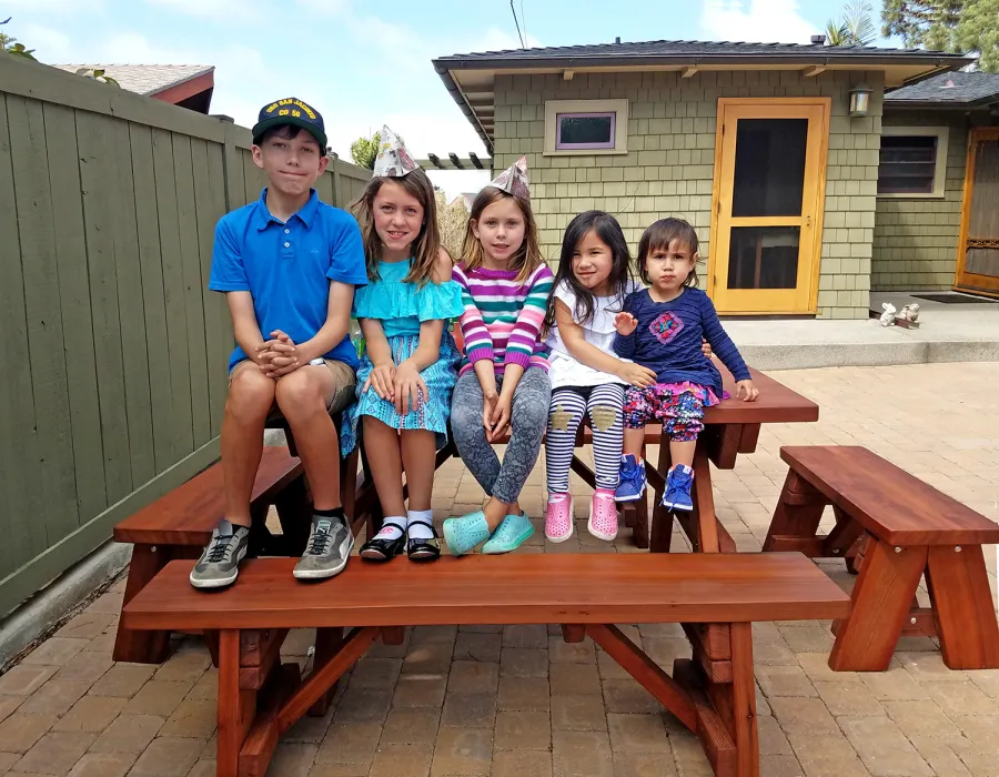Heritage Large Wooden Picnic Table (Options: 5' L, 34 1/2" W, Side Benches, Unattached Benches, 1 Full Length Side Bench/Side, Forever Style Benches, Standard Tabletop, Slightly Rounded Corners, Standard Leg Flair, No Umbrella Hole, Transparent Premium Sealant). Photo Courtesy of karen phillips of San Diego, California.
