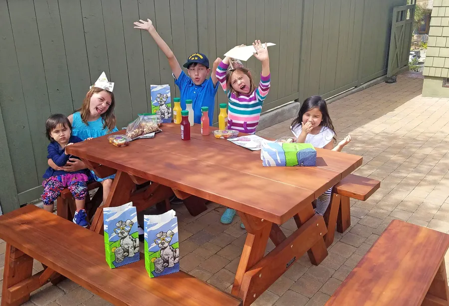 Heritage Large Wooden Picnic Table (Options: 5' L, 34 1/2" W, Side Benches, Unattached Benches, 1 Full Length Side Bench/Side, Forever Style Benches, Standard Tabletop, Slightly Rounded Corners, Standard Leg Flair, No Umbrella Hole, Transparent Premium Sealant). Photo Courtesy of karen phillips of San Diego, California.