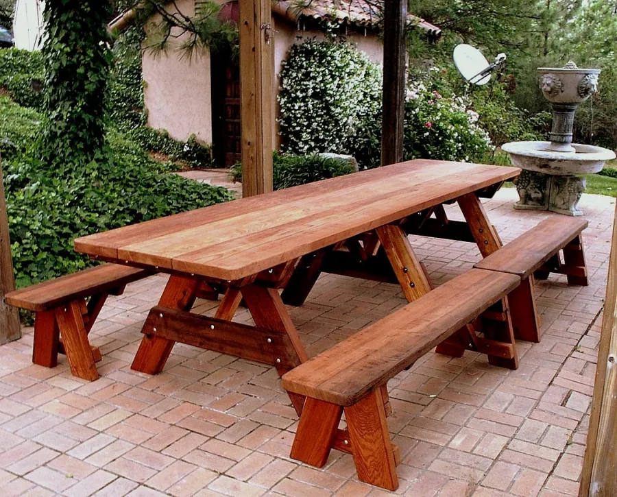 Heritage Large Wooden Picnic Table (Options: 12' L, 34 1/2" W, Side Benches, Unattached Benches, 2 Half Length Side Benches/Side, Forever Style Benches, Standard Tabletop, Slightly Rounded Corners, Standard Leg Flair, No Umbrella Hole, Transparent Premium Sealant).