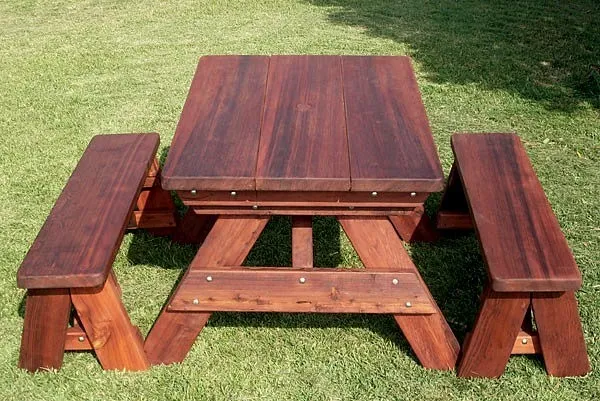 Heritage Large Wooden Picnic Table (Options: 4' L, 34 1/2" W, Side Benches, Unattached Benches, 1 Full Length Side Bench/Side, Forever Style Benches, Standard Tabletop, Rounded Corners, Standard Leg Flair, No Umbrella Hole, Transparent Premium Sealant).