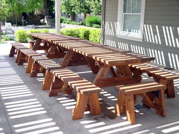 Heritage Large Wooden Picnic Tables (Options: 8' L, 34 1/2" W, Side & End Benches, Unattached Benches, 2 Half Length Side Benches/Side, Forever Style Benches, Seamless Tabletop, Squared Corners, Standard Leg Flair, No Umbrella Hole, Transparent Premium Sealant).