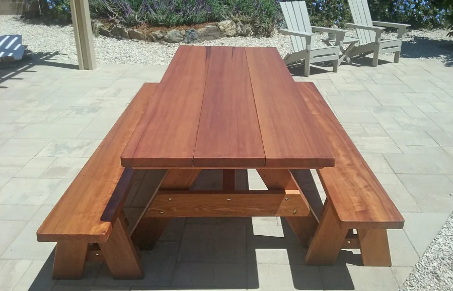 Heritage Large Wooden Picnic Table (Options: 8' L, 34 1/2" W, Side Benches, Unattached Benches, 1 Full Length Side Bench/Side, Forever Style Benches, Standard Tabletop, Slightly Rounded Corners, Standard Leg Flair, No Umbrella Hole, Transparent Premium Sealant). Photo Courtesy of T.Jacobi of San Luis Obispo, CA.