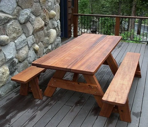 2 Heritage Wooden Picnic Bench (Options: 7 ft, 17 1/2" H, Forever Style Benches, Rounded Corners, No Engraving, Transparent Premium Sealant) with a 7 ft Heritage Picnic Table