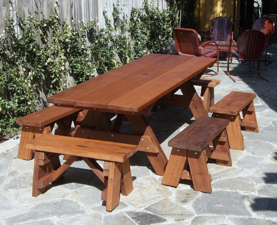 6 Heritage Wooden Picnic Bench (Options: 3 ft, 17 1/2" H, Forever Style Benches, Squared Corners, No Engraving, Transparent Premium Sealant) with a 8 ft Heritage Picnic Table.