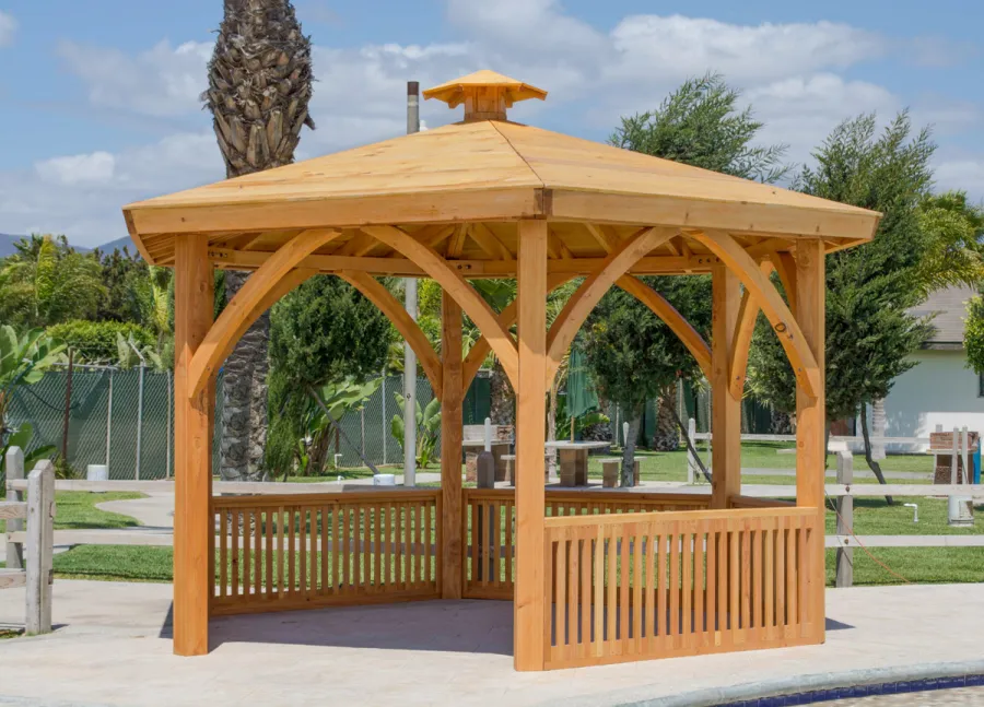 Hexagonal Park Pavilion (Options: 14 ft Diameter, No Deck, Douglas-fir, 8 ft H, Transparent Premium Sealant).