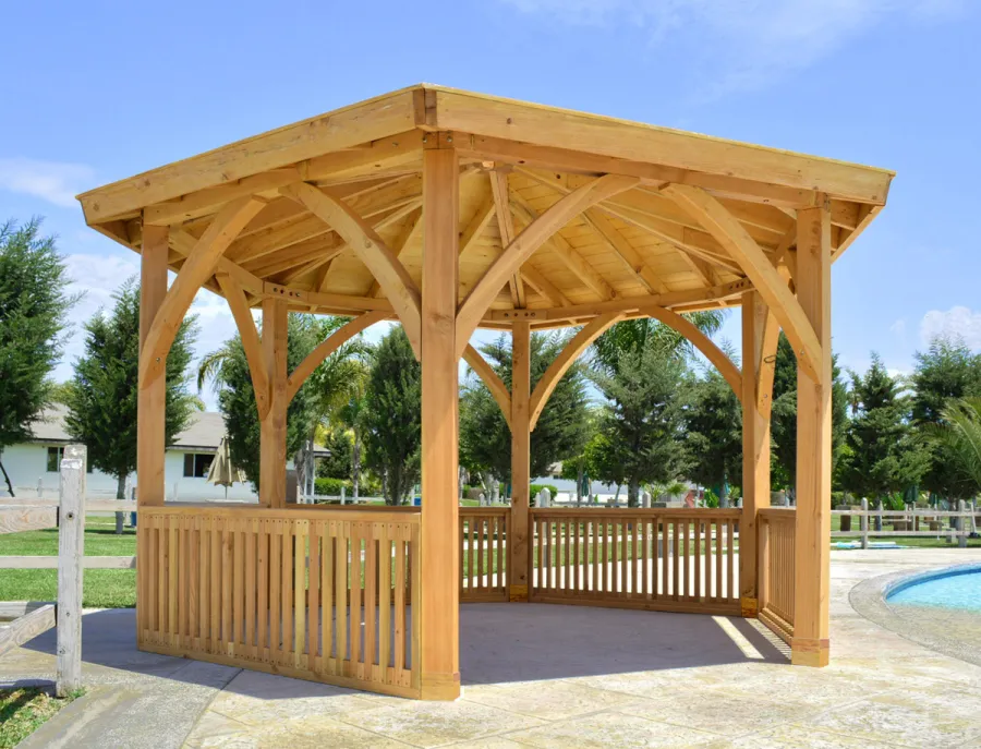 Hexagonal Park Pavilion (Options: 14 ft Diameter, No Deck, Douglas-fir, 8 ft H, Transparent Premium Sealant).