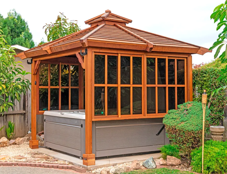 Hot Tub Enclosure Kits / Hot Tub Pavilion (Options: 9' x 9', California Redwood, Without Skylight, Sliding Windows on 3 Sides, 32" H Windows Clearance, 1 Curtain Rod, 4-Post Anchor Kit for Concrete, Transparent Premium Sealant). Photo Courtesy of A. Lin of Sunnyvale, California.