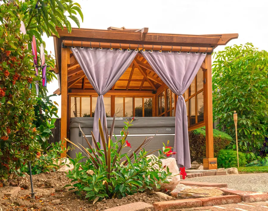 Hot Tub Enclosure Kits / Hot Tub Pavilion (Options: 9' x 9', California Redwood, Without Skylight, Sliding Windows on 3 Sides, 32" H Windows Clearance, 1 Curtain Rod, 4-Post Anchor Kit for Concrete, Transparent Premium Sealant). Photo Courtesy of A. Lin of Sunnyvale, California.