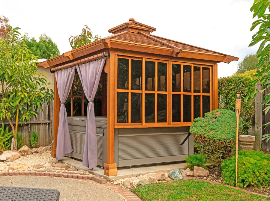 Hot Tub Enclosure Kits / Hot Tub Pavilion (Options: 9' x 9', California Redwood, Without Skylight, Sliding Windows on 3 Sides, 32" H Windows Clearance, 1 Curtain Rod, 4-Post Anchor Kit for Concrete, Transparent Premium Sealant). Photo Courtesy of A. Lin of Sunnyvale, California.