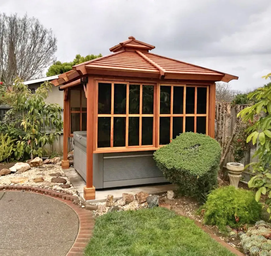 Hot Tub Enclosure Kits / Hot Tub Pavilion (Options: 9' x 9', California Redwood, Without Skylight, Sliding Windows on 3 Sides, 32" H Windows Clearance, 1 Curtain Rod, 4-Post Anchor Kit for Concrete, Transparent Premium Sealant). Photo Courtesy of A. Lin of Sunnyvale, California.