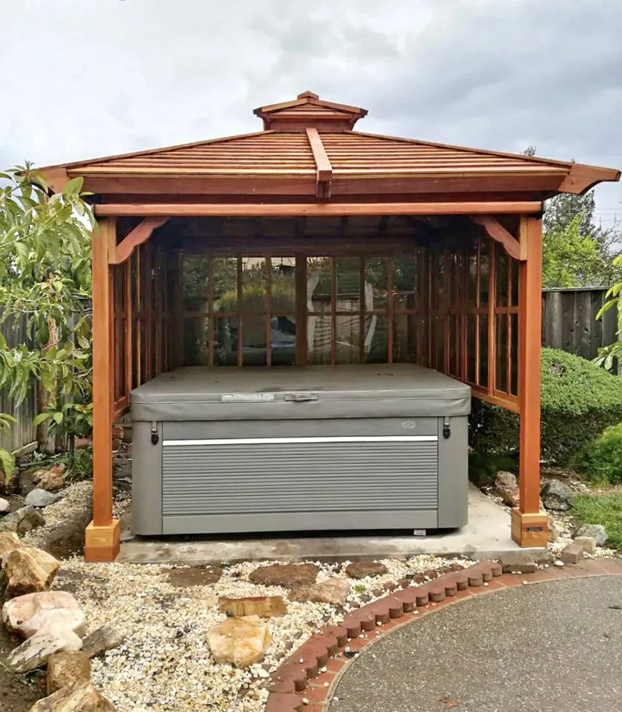 Hot Tub Enclosure Kits / Hot Tub Pavilion (Options: 9' x 9', California Redwood, Without Skylight, Sliding Windows on 3 Sides, 32" H Windows Clearance, 1 Curtain Rod, 4-Post Anchor Kit for Concrete, Transparent Premium Sealant). Photo Courtesy of A. Lin of Sunnyvale, California.