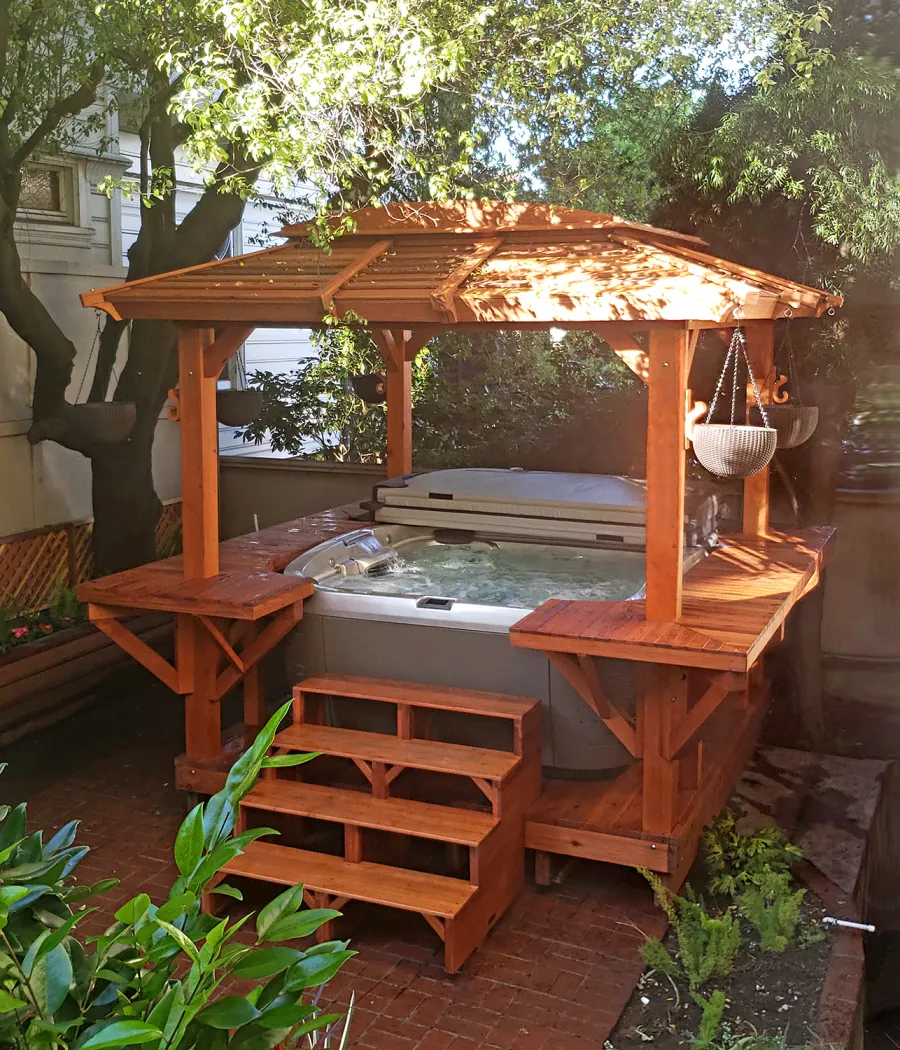 Custom Hot Tub Enclosure Kits / Hot Tub Pavilion (Options: 10' x 10', California Redwood, No Windows, Custom Bar on 3 Sides, 7.5' x 7.5' Custom Skylight, No Anchors, Transparent Premium Sealant). Photo Courtesy of D. Rand of San Francisco, CA.