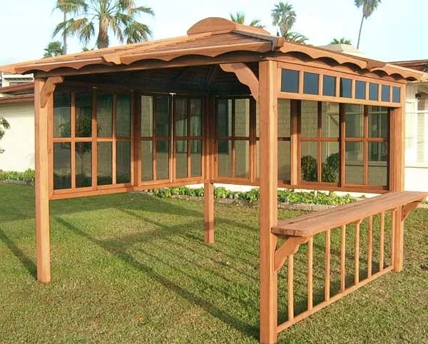 Hot Tub Enclosure Kits / Hot Tub Pavilion (Options: 9' x 9', Old-Growth Redwood, Windows on 2 Sides, No Curtain Rods, 4-Post Anchor Kit for Stone, Transparent Premium Sealant). Window Bar is a Custom Request