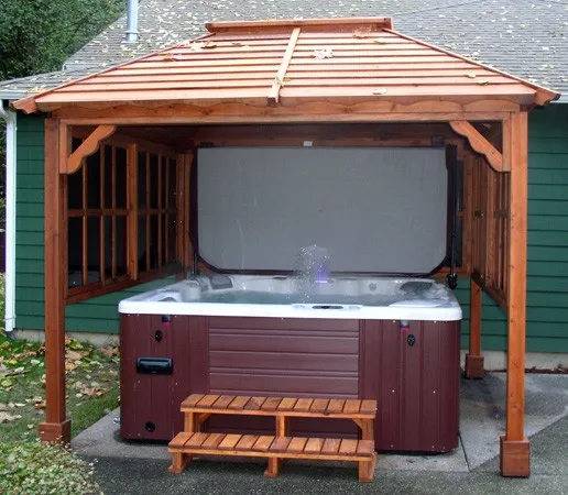 Hot Tub Enclosure Kits / Hot Tub Pavilion (Options: 9' x 9', California Redwood, Windows on 3 Sides, No Curtain Rods, 4-Post Anchor Kit for Stone, Transparent Premium Sealant). Photo Courtesy of John Grubb.