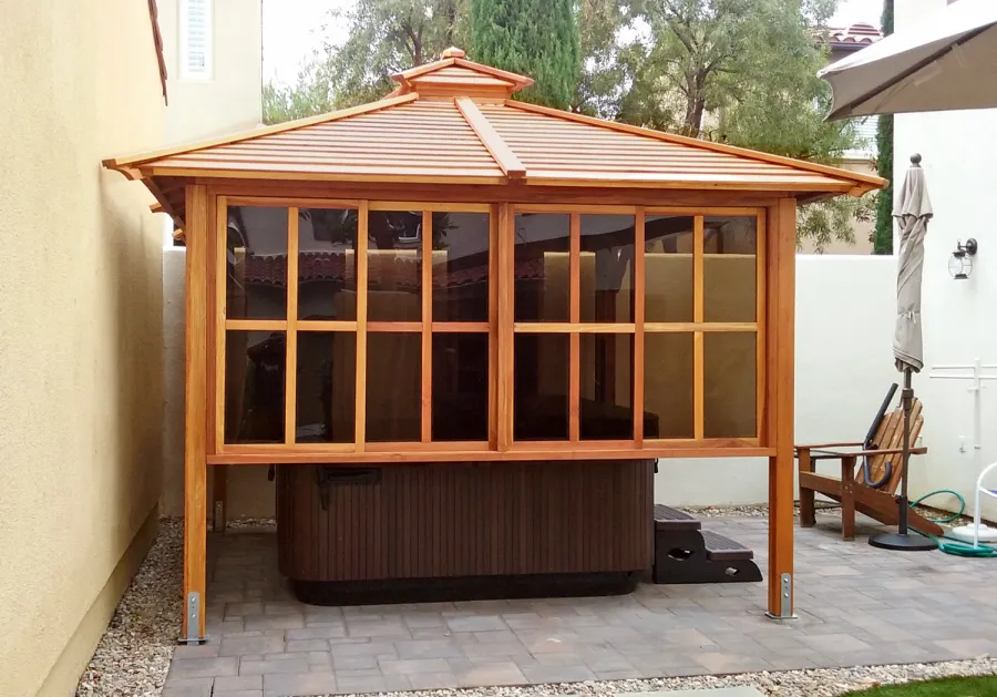Hot Tub Enclosure Kits / Hot Tub Pavilion (Options: 10' x 10', California Redwood, Windows on 2 Sides, 4-Post Anchor Kit for Concrete, Transparent Premium Sealant). Photo Courtesy of Karl Biorkman of Irvine, CA.
