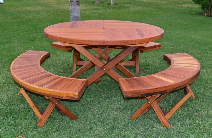Karyn's Redwood Round Folding Picnic Table (Options: Arc Picnic Benches, California Redwood, 3 Arc Folding Benches, Standard Tabletop, Checkerboard, No Umbrella Hole, Transparent Premium Sealant).