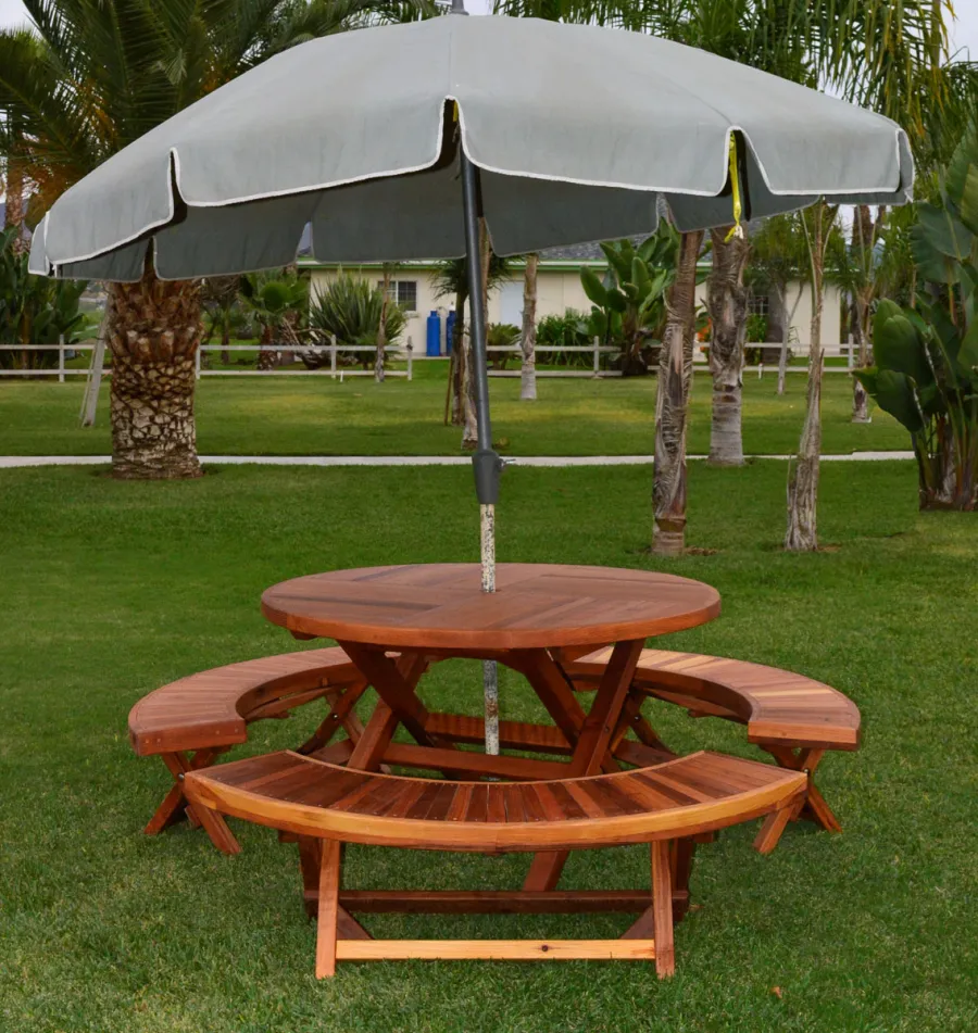 Karyn's Redwood Round Folding Picnic Table (Options: Arc Picnic Benches, California Redwood, 3 Arc Folding Benches, Standard Tabletop, Checkerboard, Umbrella Hole, Transparent Premium Sealant).