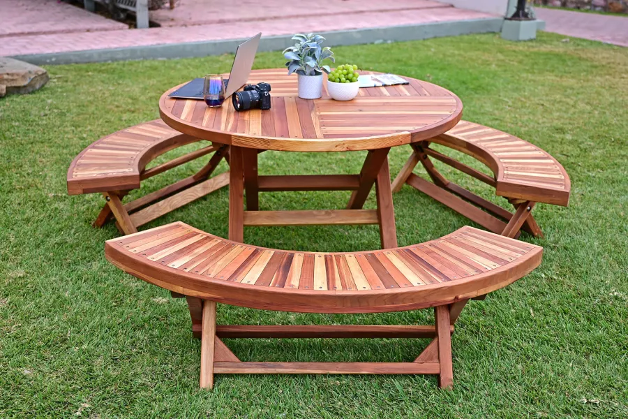 Karyn's Redwood Round Folding Picnic Table (Options: Arc Picnic Benches, California Redwood, 3 Arc Folding Benches, Standard Tabletop, Checkerboard, No Umbrella Hole, Transparent Premium Sealant).