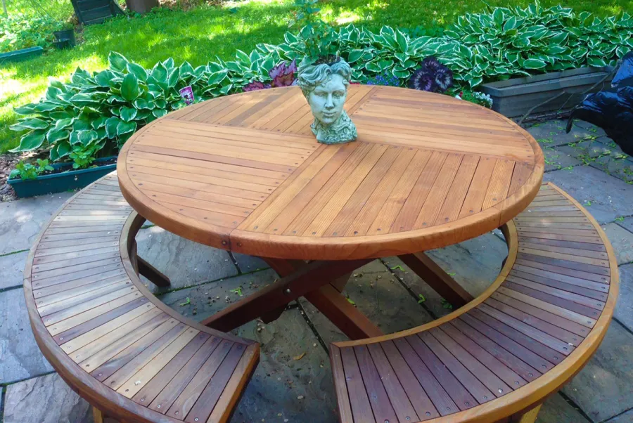 Karyn's Redwood Round Folding Picnic Table (Options: Folding Arc Benches, Mature Redwood, 3 Folding Arc Benches, Standard Tabletop, Checkerboard Design Tabletop, Umbrella Hole & Plug, Transparent Premium Sealant). Photo Courtesy of Kathy Gingrich of West Chicago, Illinois.