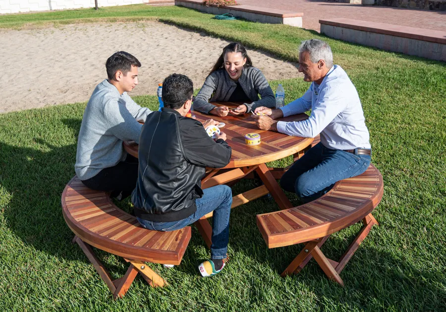 Karyn's Redwood Round Folding Picnic Table (Options: Arc Picnic Benches, California Redwood, 3 Arc Folding Benches, Standard Tabletop, Checkerboard, No Umbrella Hole, Transparent Premium Sealant).