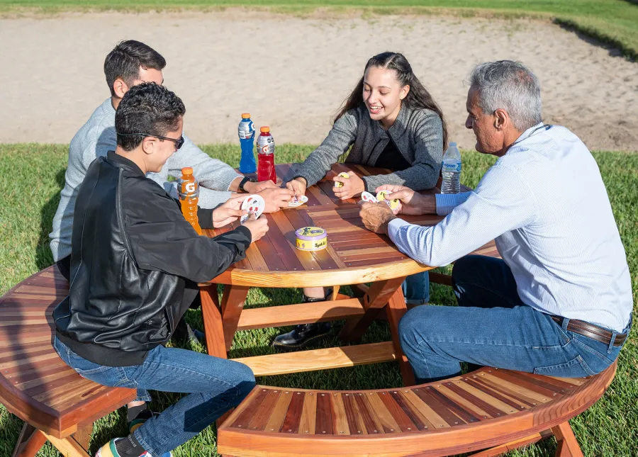 Karyn's Redwood Round Folding Picnic Table (Options: Arc Picnic Benches, California Redwood, 3 Arc Folding Benches, Standard Tabletop, Checkerboard, No Umbrella Hole, Transparent Premium Sealant).