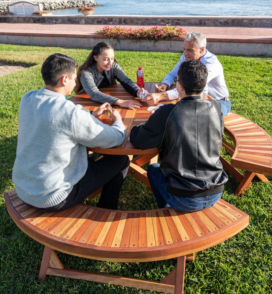Karyn's Redwood Round Folding Picnic Table (Options: Arc Picnic Benches, California Redwood, 3 Arc Folding Benches, Standard Tabletop, Checkerboard, No Umbrella Hole, Transparent Premium Sealant).