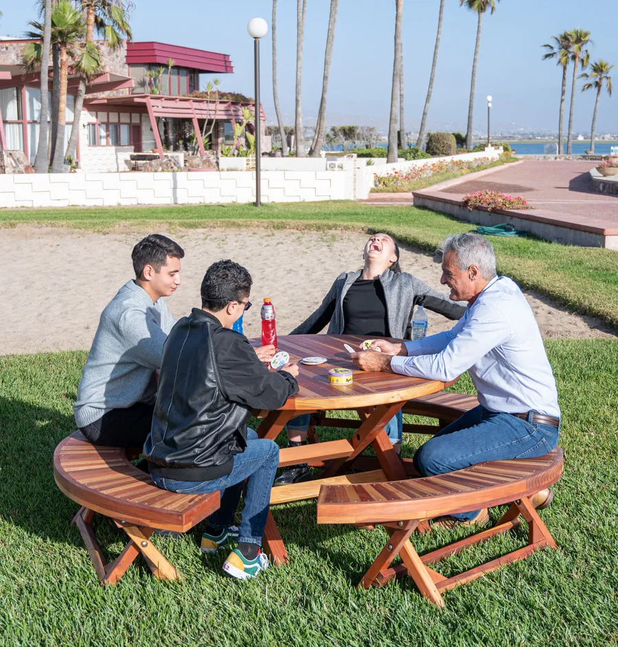 Karyn's Redwood Round Folding Picnic Table (Options: Arc Picnic Benches, California Redwood, 3 Arc Folding Benches, Standard Tabletop, Checkerboard, No Umbrella Hole, Transparent Premium Sealant).