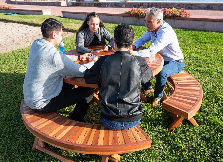 Karyn's Redwood Round Folding Picnic Table (Options: Arc Picnic Benches, California Redwood, 3 Arc Folding Benches, Standard Tabletop, Checkerboard, No Umbrella Hole, Transparent Premium Sealant).