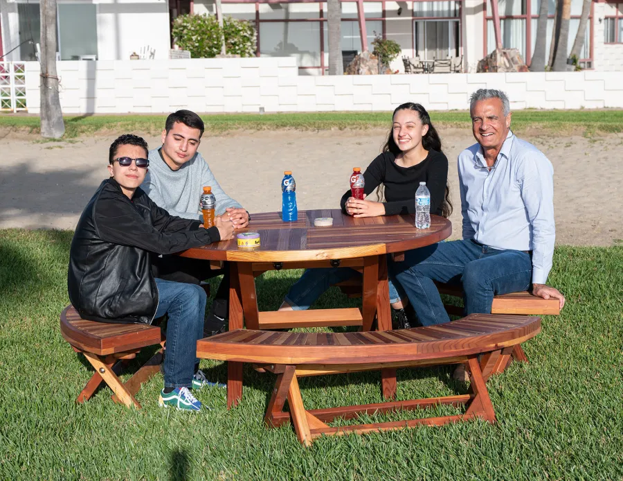 Karyn's Redwood Round Folding Picnic Table (Options: Arc Picnic Benches, California Redwood, 3 Arc Folding Benches, Standard Tabletop, Checkerboard, No Umbrella Hole, Transparent Premium Sealant).