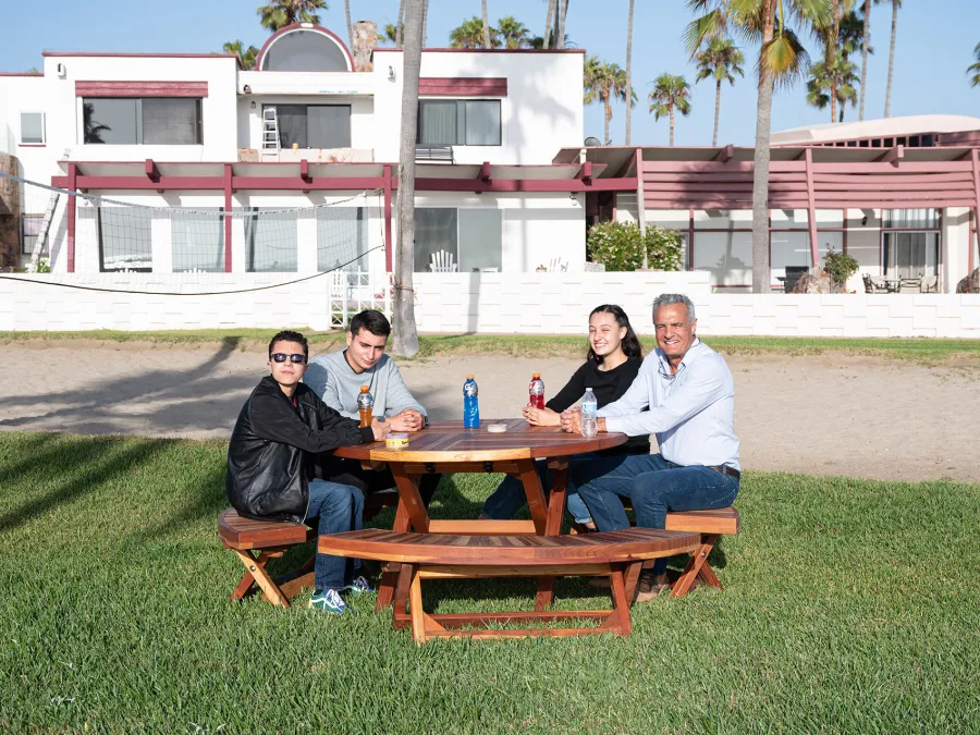 Karyn's Redwood Round Folding Picnic Table (Options: Arc Picnic Benches, California Redwood, 3 Arc Folding Benches, Standard Tabletop, Checkerboard, No Umbrella Hole, Transparent Premium Sealant).