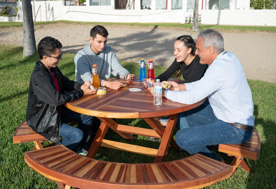 Karyn's Redwood Round Folding Picnic Table (Options: Arc Picnic Benches, California Redwood, 3 Arc Folding Benches, Standard Tabletop, Checkerboard, No Umbrella Hole, Transparent Premium Sealant).
