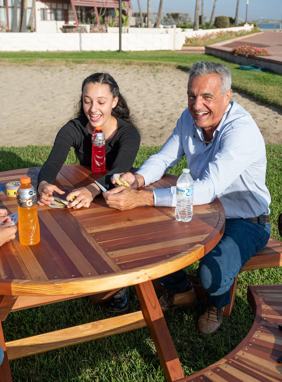 Karyn's Redwood Round Folding Picnic Table (Options: Arc Picnic Benches, California Redwood, 3 Arc Folding Benches, Standard Tabletop, Checkerboard, No Umbrella Hole, Transparent Premium Sealant).