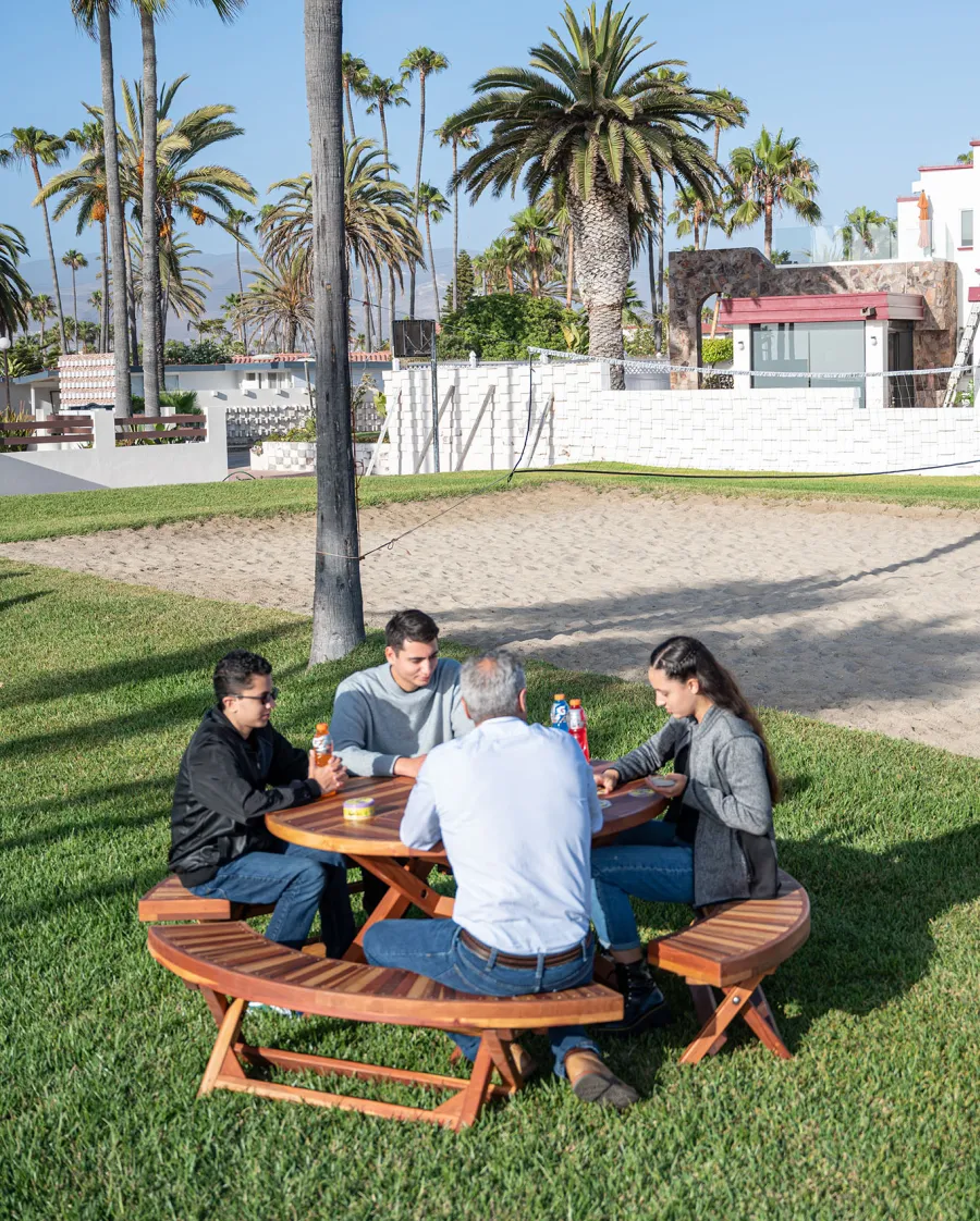 Karyn's Redwood Round Folding Picnic Table (Options: Arc Picnic Benches, California Redwood, 3 Arc Folding Benches, Standard Tabletop, Checkerboard, No Umbrella Hole, Transparent Premium Sealant).