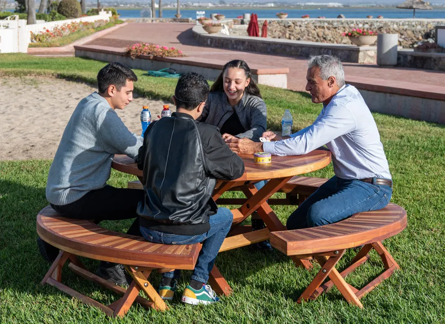 Karyn's Redwood Round Folding Picnic Table (Options: Arc Picnic Benches, California Redwood, 3 Arc Folding Benches, Standard Tabletop, Checkerboard, No Umbrella Hole, Transparent Premium Sealant).