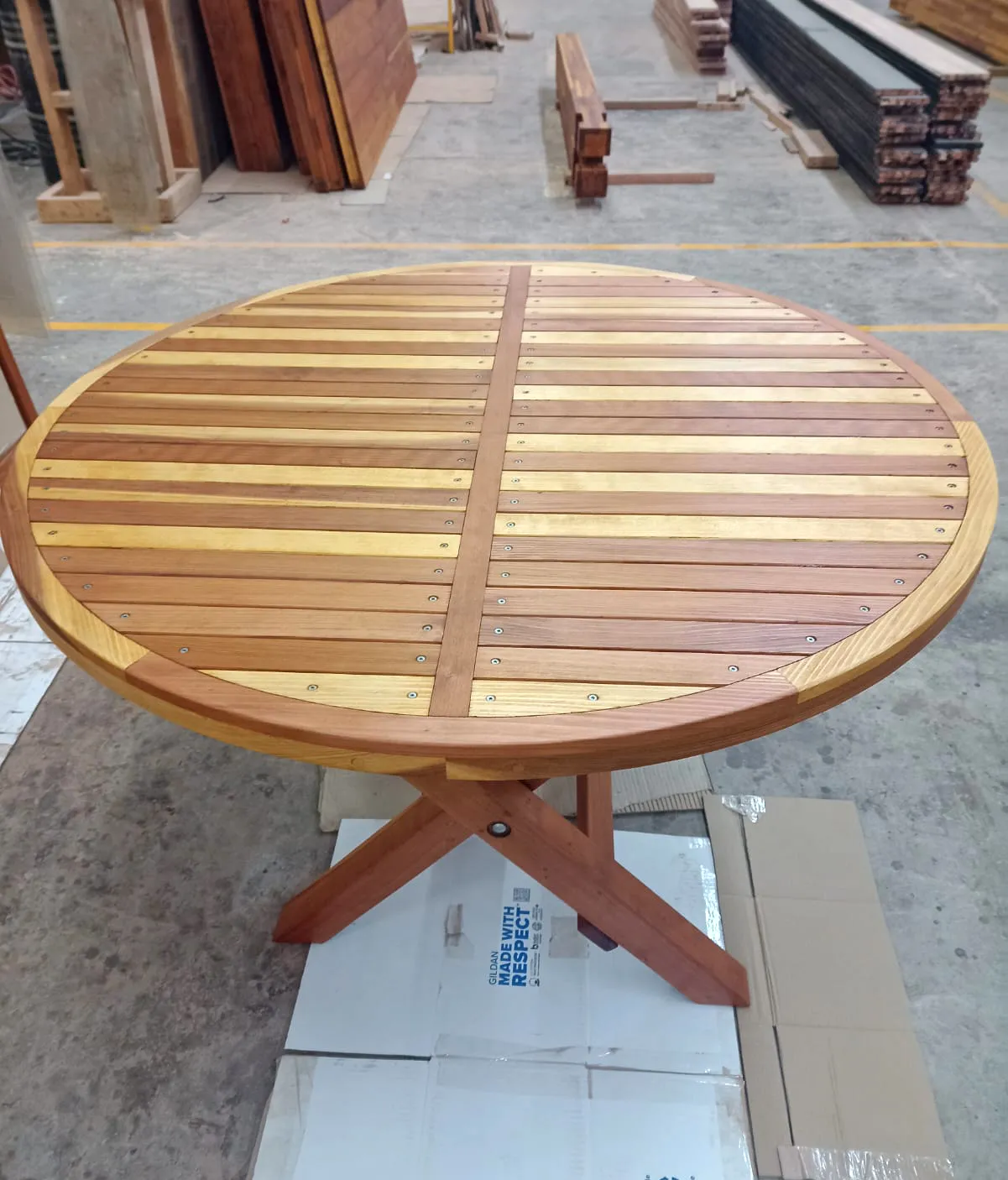 Karyn's Round Wooden Folding Table in Production, Mosaic Redwood
