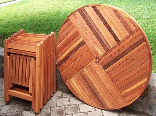 Karyn's Round Wooden Folding Table, California Redwood