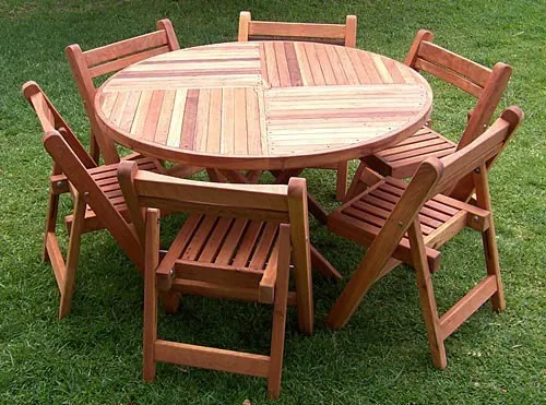 Karyn's Round Wooden Folding Table, California Redwood