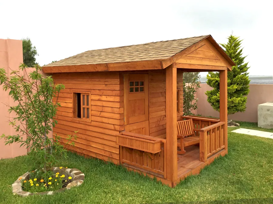 Kid's Backyard Cabin (Options: 12ft L x 8ft W, 7ft Wall H, Douglas-Fir, 4ft Front Porch Size [Included in the Overall Length], Interior Decking, Transparent Premium Sealant). 