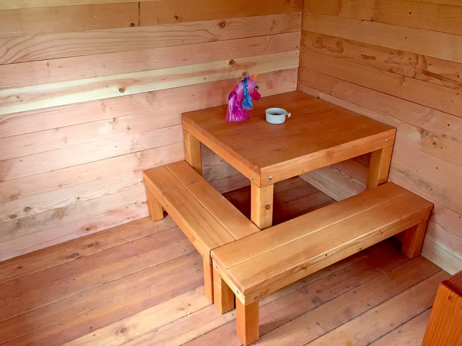 Kid's Backyard Cabin (Options: 12ft L x 8ft W, 7ft Wall H, Douglas-Fir, 4ft Front Porch Size [Included in the Overall Length], Interior Decking, Transparent Premium Sealant). 