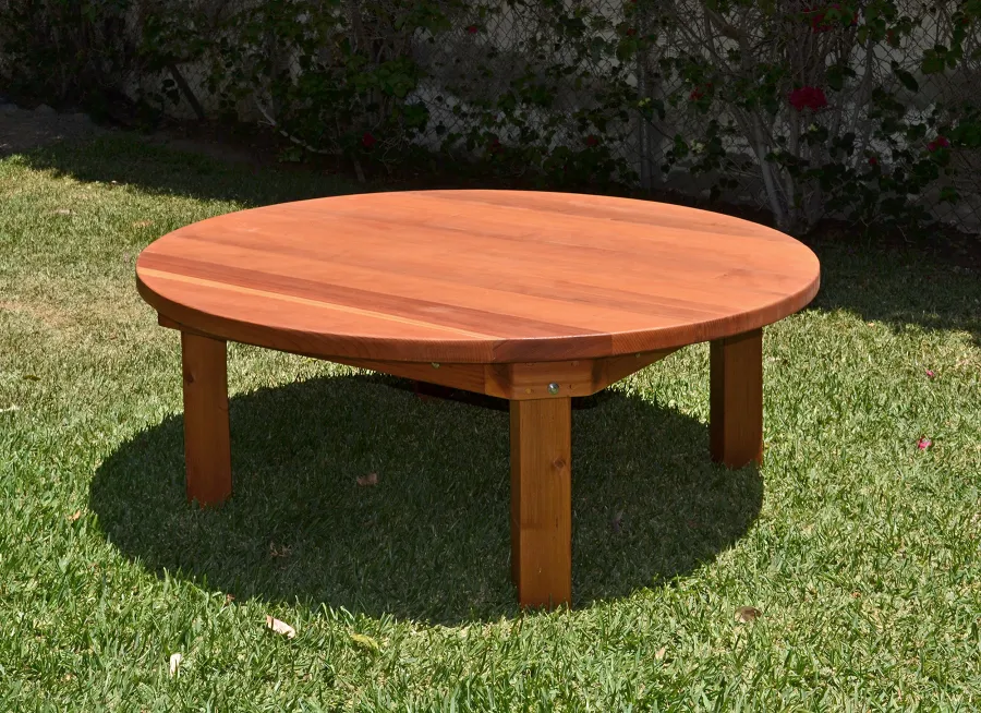 Kid's Round Outdoor Wood Table (Options: 5' Diameter, No Seating, California Redwood, Seamless Tabletop, Transparent Premium Sealant). 