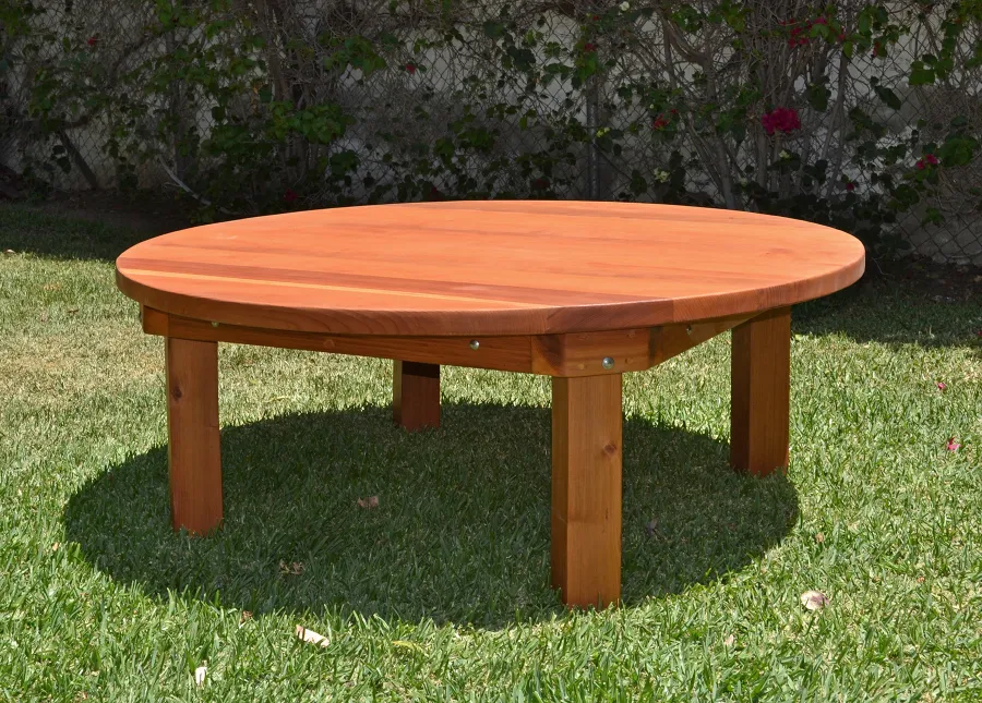 Kid's Round Outdoor Wood Table (Options: 5' Diameter, No Seating, California Redwood, Seamless Tabletop, Transparent Premium Sealant). 
