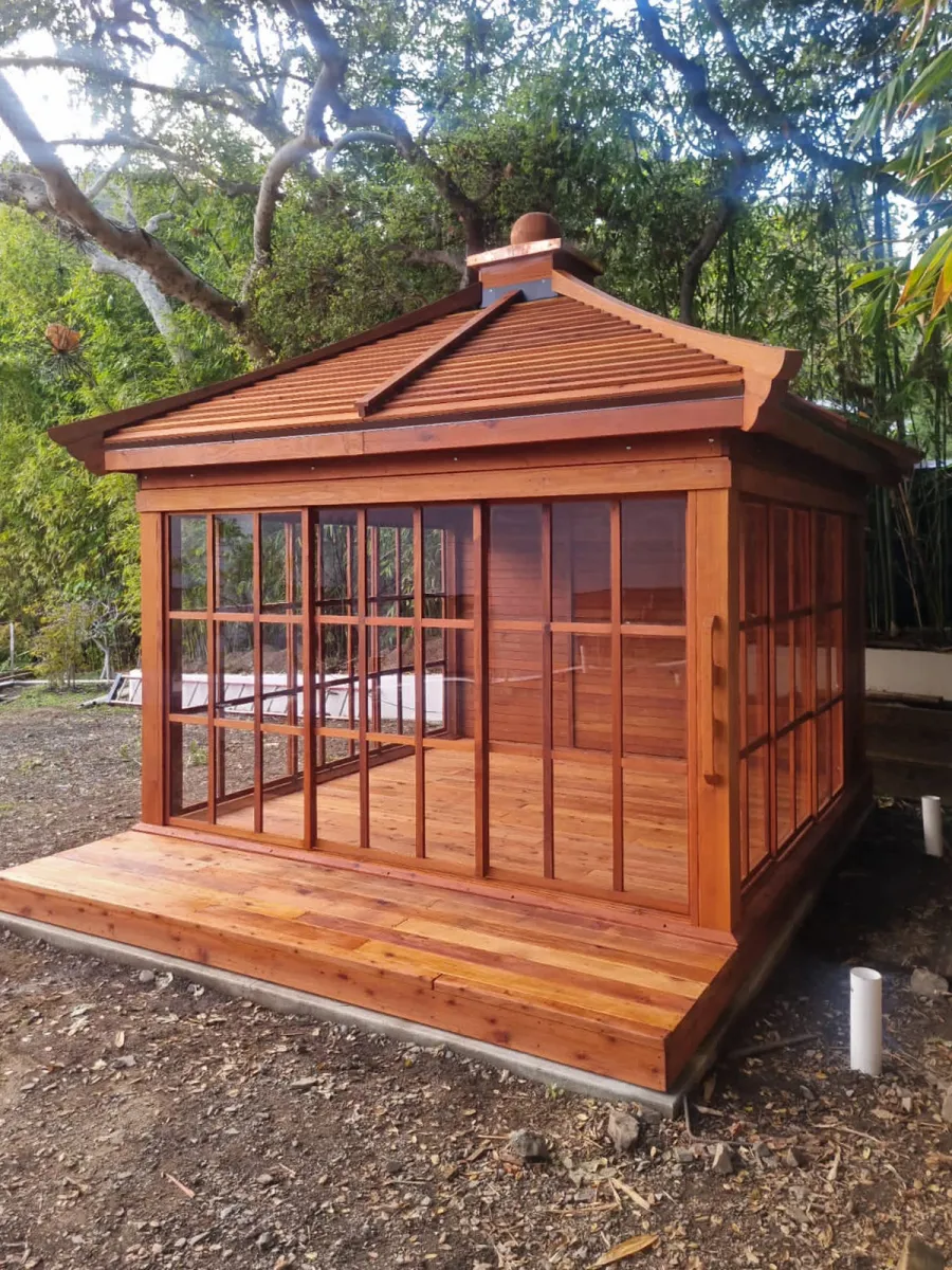 Custom Kikue's Tea House (Options: 12' L x 12' W, 7' Wall Height, Shiplap Roof, Mature Redwood, 1 Wood Handle, with Solid Walls by Custom Request, Interior and External Decking, 3' Deck on the Front Side, Transparent Premium Sealant). Photo Courtesy of A. Michelson of Los Angeles, CA.
