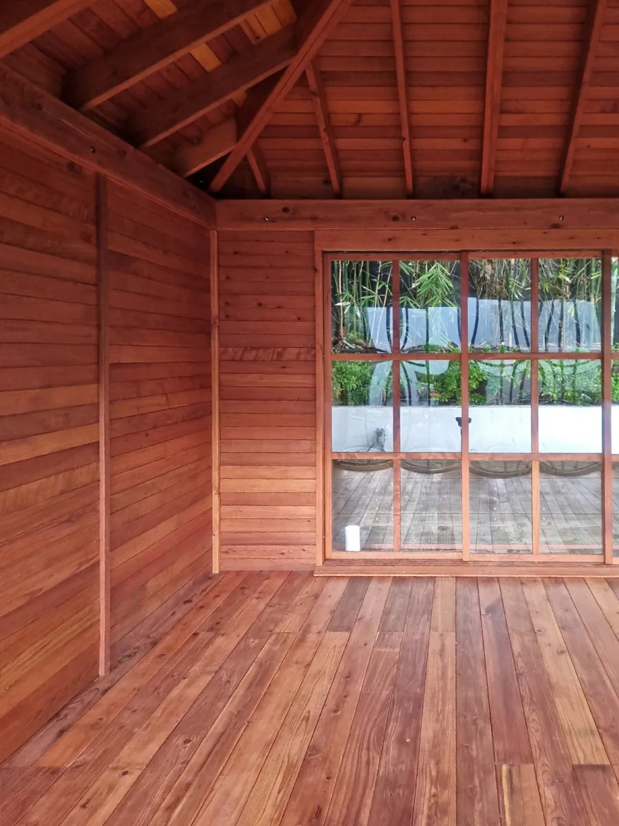 Custom Kikue's Tea House (Options: 12' L x 12' W, 7' Wall Height, Shiplap Roof, Mature Redwood, 1 Wood Handle, with Solid Walls by Custom Request, Interior and External Decking, 3' Deck on the Front Side, Transparent Premium Sealant). Photo Courtesy of A. Michelson of Los Angeles, CA.